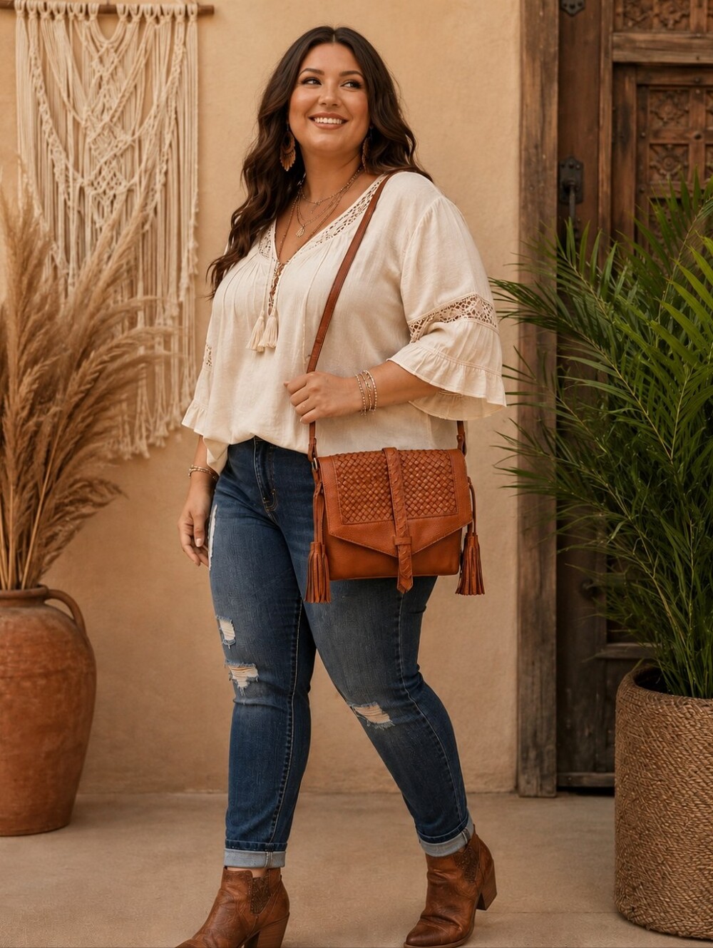 Brown Woven Leather Crossbody Tassel Bag